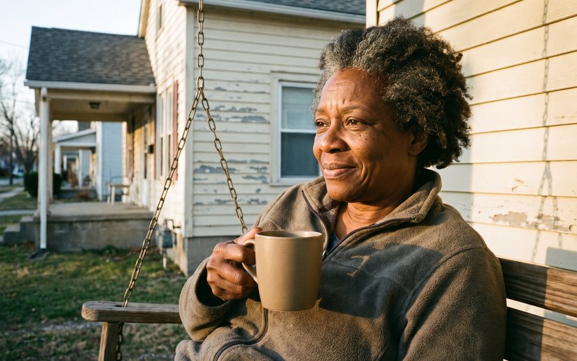A family caregiver taking a quiet break with a cup of coffee on her porch swing