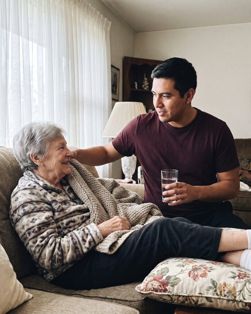 A caregiver bringing a glass of water to an older woman resting on the sofa after surgery