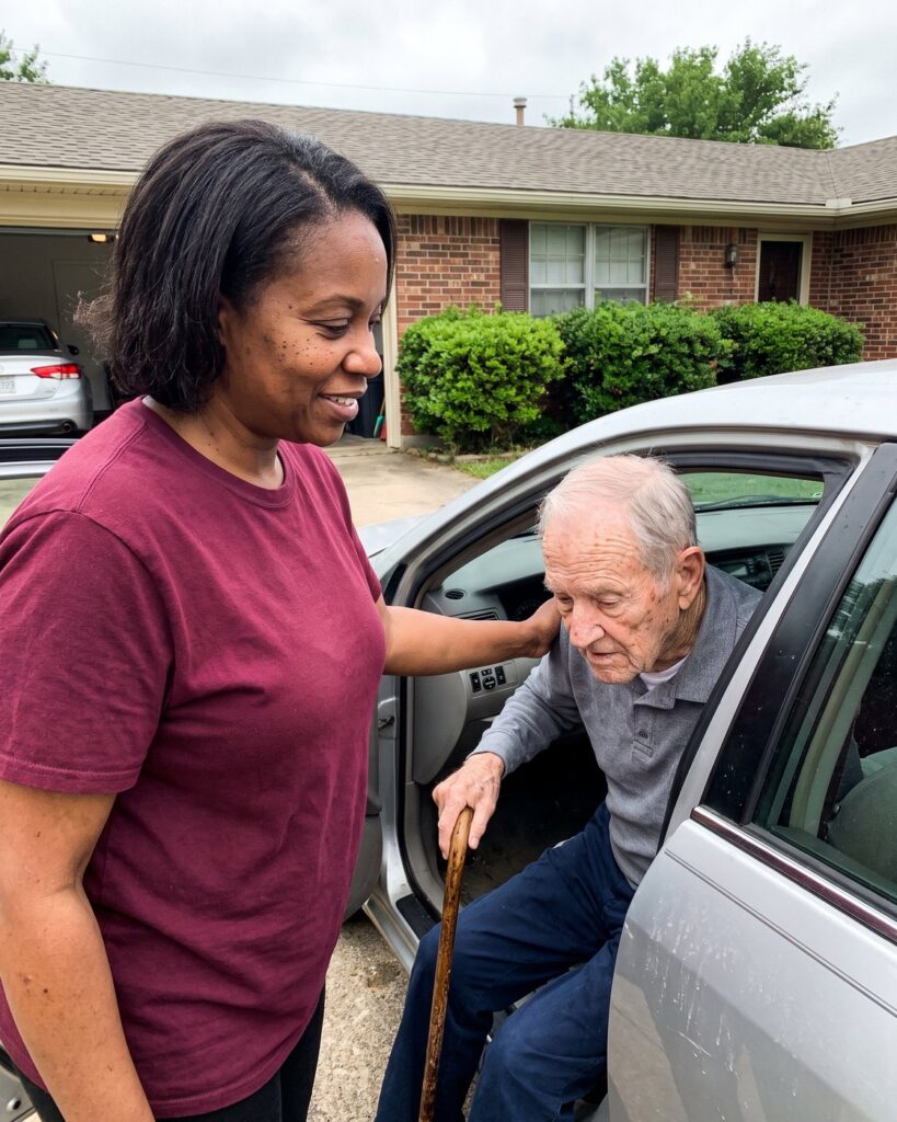 A caregiver steadying an older man as he gets into the car for an appointment