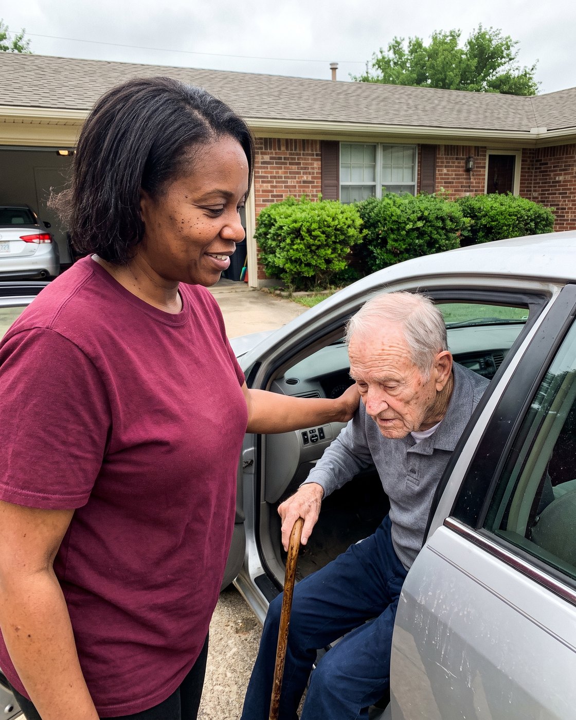 A caregiver steadying an older man as he gets into the car for an appointment